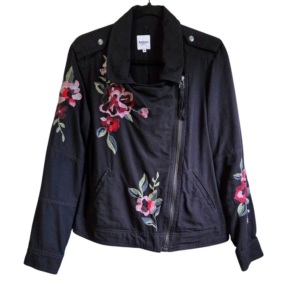 Kensie‎ Jeans Womens L Black Whimsygoth Floral Embroidered Denim Moto Jacket